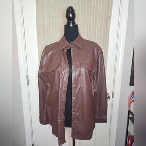 No Comment Brown Leather Jacket with Standing Collar and Zipper